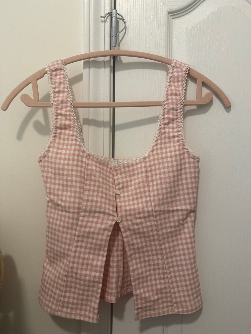 American Threads Pink Gingham Button-Front Tank Top